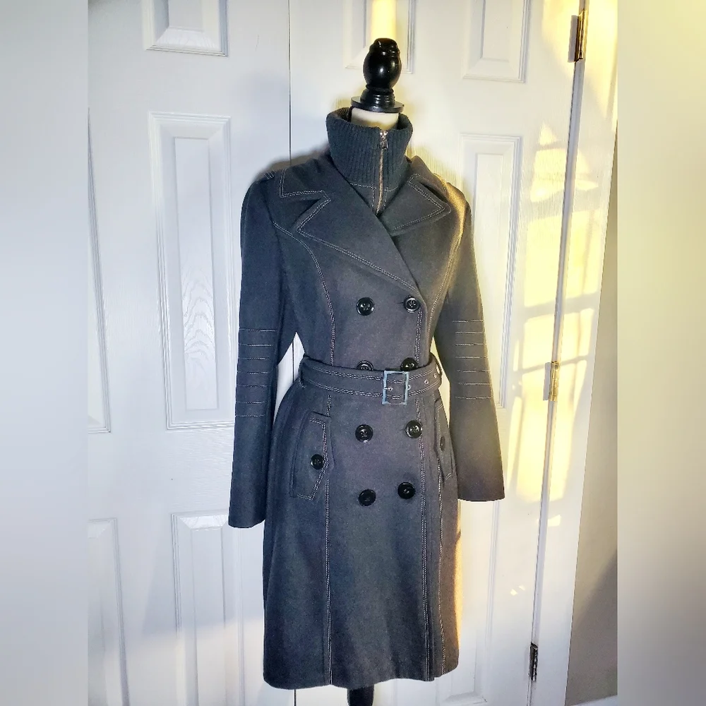 Miss Sixty Gray Wool Blend Belted Womens Coat With Ribbed Bib Collar - Picture 2 of 15